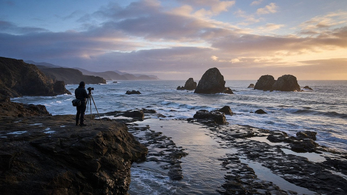 Landscape photographer planning a coastal composition around tide level, moving water and sunset light.