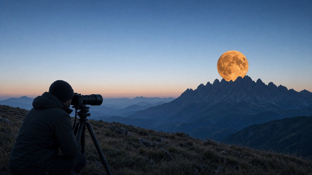 Landscape photographer using a telephoto lens to photograph a planned full Moon rising behind a mountain.