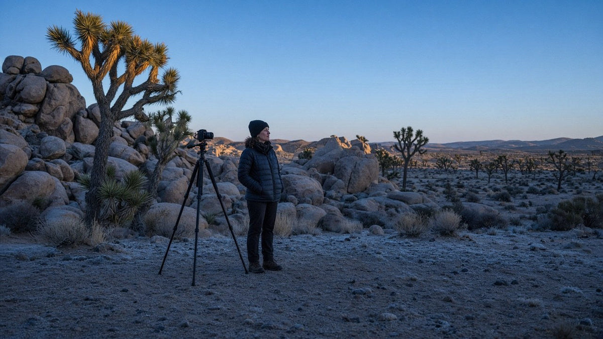 Landscape photographer planning a winter sunrise composition among Joshua trees and granite boulders.
